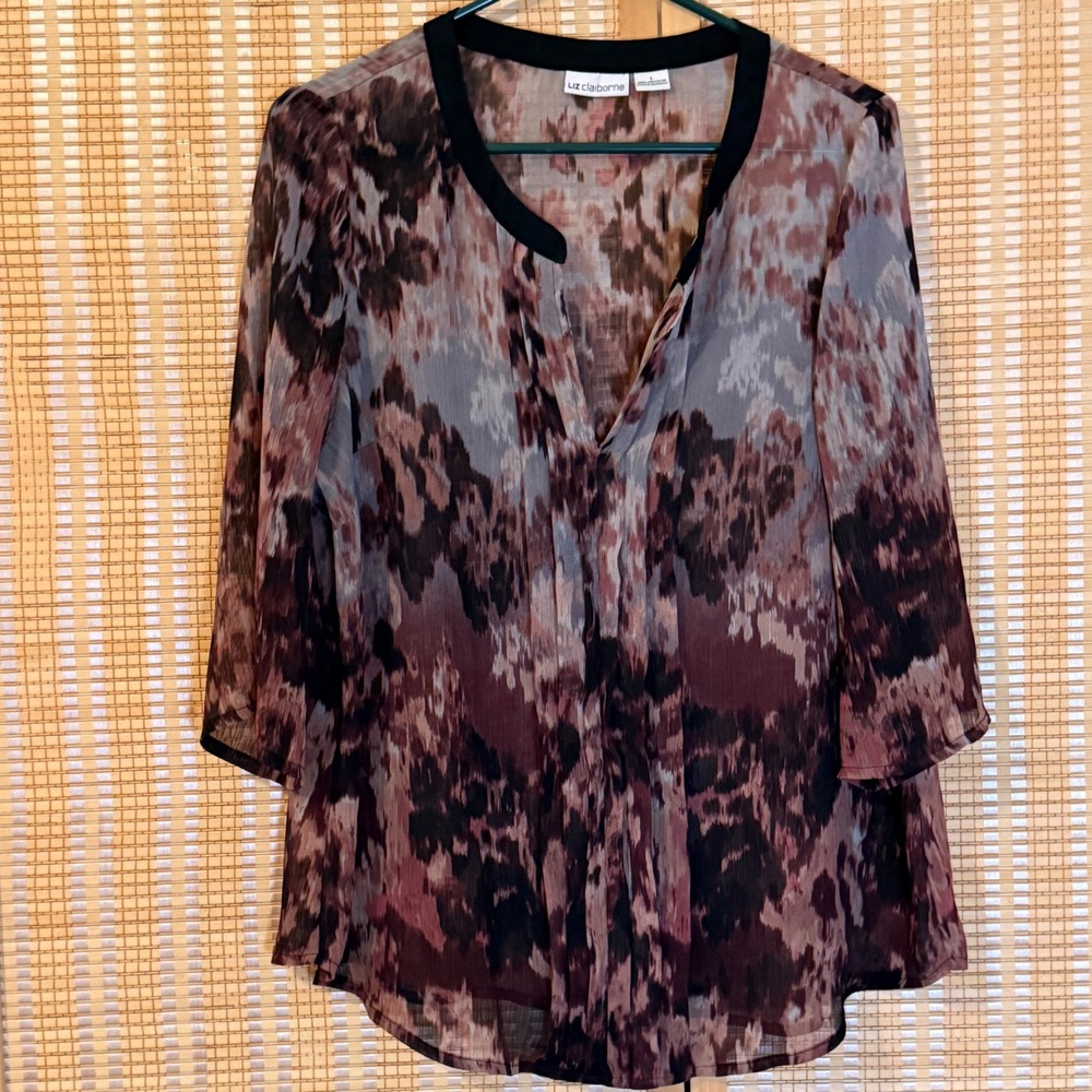 Liz Claiborne Womens Abstract Ikat Print Split Neck Blouse Burgundy‎ Grey Large